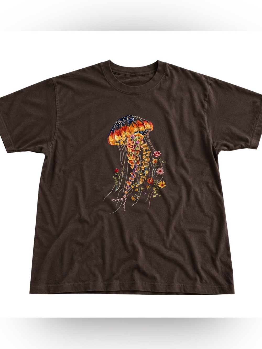 Men's Dark Brown Jellyfish Floral Graphic T-Shirt Vintage Vintage Colorful Style